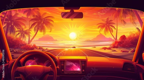 A sunny sunset road with a car dashboard view to the right. Palm trees and sun throughout a nature vacation landscape viewed from the window of the vehicle. An unmanned steering and navigation system
