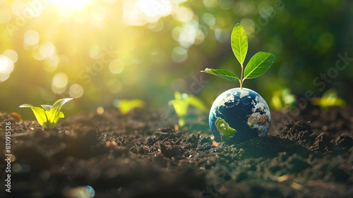 Fototapeta Naklejka Na Ścianę i Meble -  Green earth globe on soil with sunlight and green leaf banner design for world environment day concept with copy space area for text