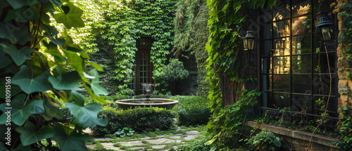 Mysterious garden with ivy-covered walls hiding a peaceful fountain in a secluded location.