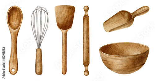 Set of wooden kitchen utensil elements spoon, bowl, rolling pin, whisk, scoop. Watercolor isolated hand drawn illustrations. Clipart of cooking tool for label, packaging, card,for bakehouse, bakeshop
