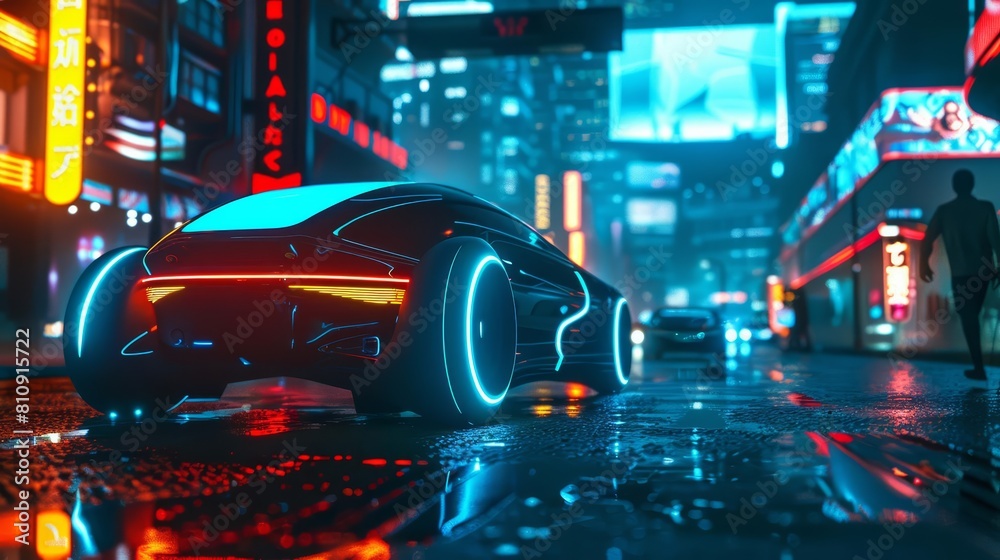 Realistic photo of an autonomous vehicle with hologram, showcasing neon blue tones in an urban area, banner for web