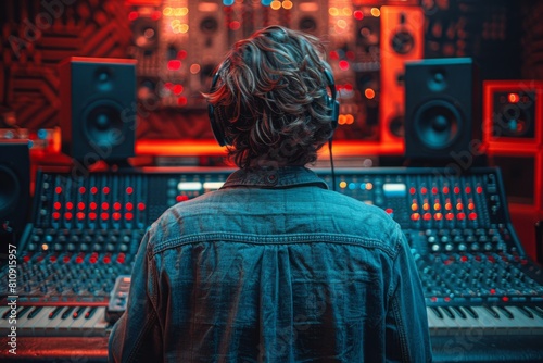 A music producer is engrossed in work while sitting at the sound mixing desk with audio equipment in a professional studio photo