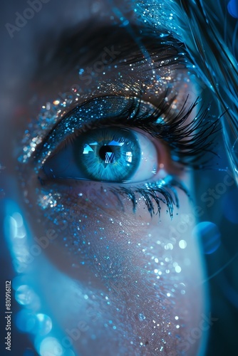 A Closeup of a womans eye gazing forward, accentuated by digital blue sparkles