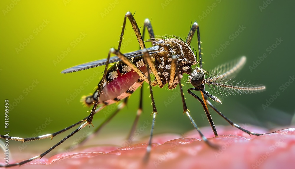 Fototapeta premium A mosquito closeup on human skin, feeding with fine detail, natural lighting creating a vivid macro perspective