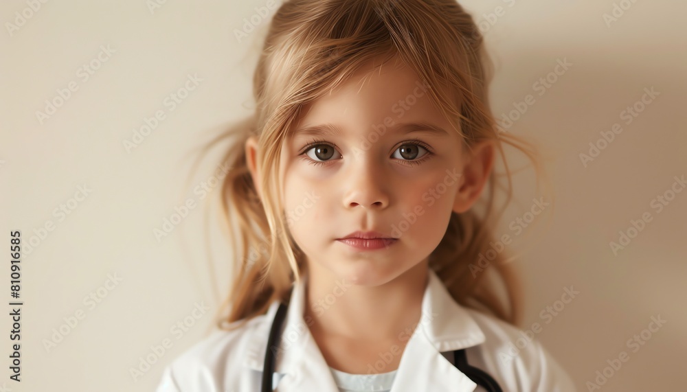 Adorable child in a white doctors coat with a stethoscope, gazing seriously into the camera Soft lighting and a neutral background emphasize her youthful ambition Adorable child in a white doctors coat with a stethoscope, gazing seriously into the camera Soft lighting and a neutral background emphasize her youthful ambition