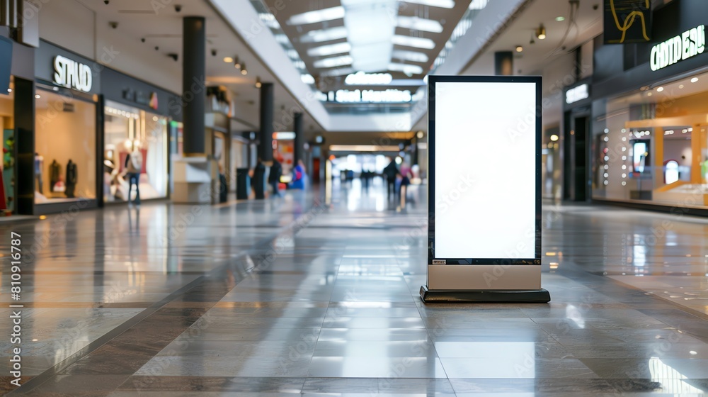 Blank digital advertising board stands in the middle of a shopping mall Straighton shot emphasizing the contrast between its emptiness and the bustling surroundings Blank digital advertising board stands in the middle of a shopping mall Straighton shot emphasizing the contrast between its emptiness and the bustling surroundings