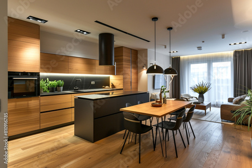 A contemporary Warsaw apartment kitchen, with polished oak wooden floors, modern European cabinetry, minimalist decor, and smart home technology, reflecting Polanda??s blend of history and modernity.