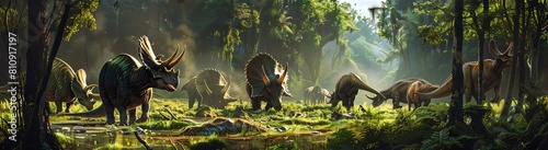 Herd of Triceratops grazing peacefully in a lush valley, their horns and frills contrasting with the surrounding greenery, wideangle view photo