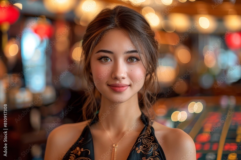 A charming young woman smiles warmly in a vibrant bar setting with bokeh lights