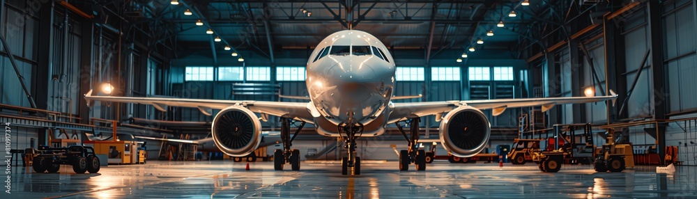 Passenger jet inside an aircraft hangar, surrounded by maintenance equipment Straighton shot with ambient lighting revealing the plane s size and precision Passenger jet inside an aircraft hangar, surrounded by maintenance equipment Straighton shot with ambient lighting revealing the plane s size and precision
