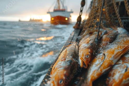 A photograph capturing fish freshly caught in a net against the backdrop of the ocean and a fishing boat