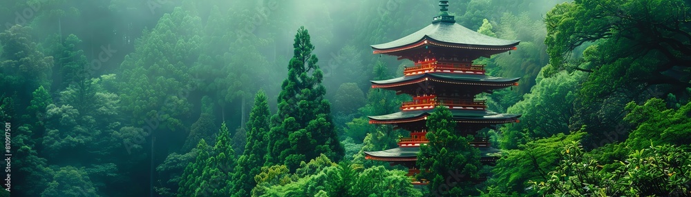 Fototapeta premium Traditional Japanese pagoda nestled in a lush forest, its redlacquered tiers contrasting with the verdant green of the surrounding trees, eyelevel shot