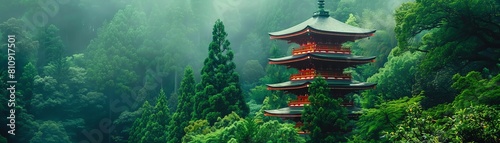 Traditional Japanese pagoda nestled in a lush forest, its redlacquered tiers contrasting with the verdant green of the surrounding trees, eyelevel shot photo