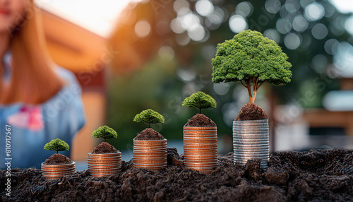 Tree grows on a pile of coins concept of profit saving for the future of investment and business growth for financial prosperity and sustainable development.