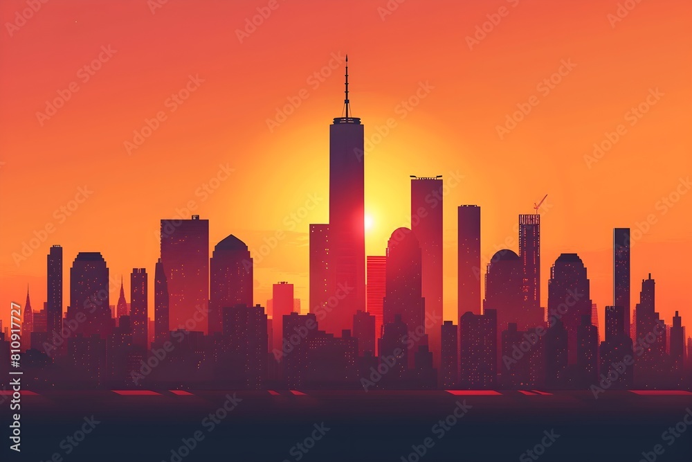 the iconic skyline of a bustling financial district at sunset with skyscrapers. business growth, prosperity, and success. business area.