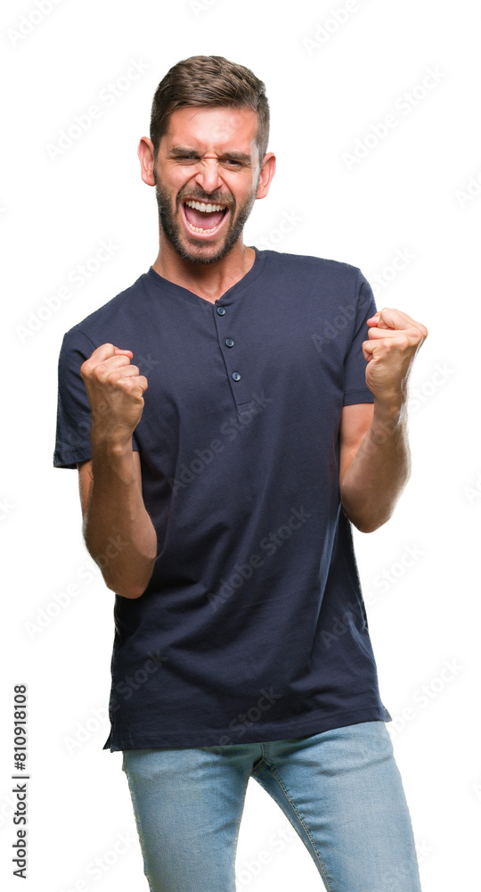 Young handsome man over isolated background very happy and excited doing winner gesture with arms raised, smiling and screaming for success. Celebration concept. Young handsome man over isolated background very happy and excited doing winner gesture with arms raised, smiling and screaming for success. Celebration concept.