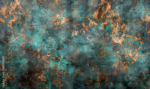 Seamless oxidized copper patina sheet metal wall panel grunge background texture, Generative AI