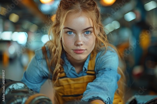 Wallpaper Mural An attentive young blonde mechanic in blue attire, with a serious expression while working Torontodigital.ca