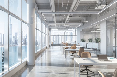 A modern office interior with desks and chairs arranged in rows against white walls and glass windows overlooking the city skyline