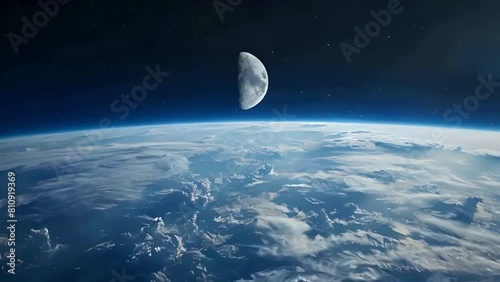 Earth view from space with half moon in the sky