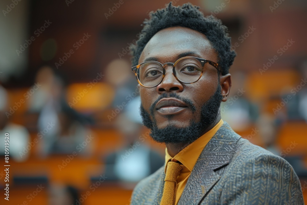 Portrait of a fashionable man with a beard wearing glasses and a tweed suit, with a blurry background Portrait of a fashionable man with a beard wearing glasses and a tweed suit, with a blurry background