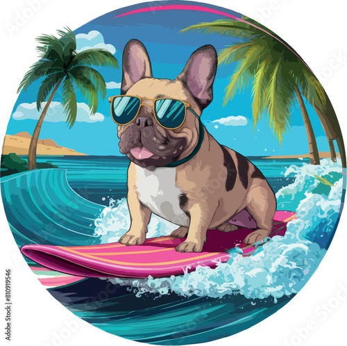 funny vector t-shirt design ocean french bulldog beach surfing hobby 