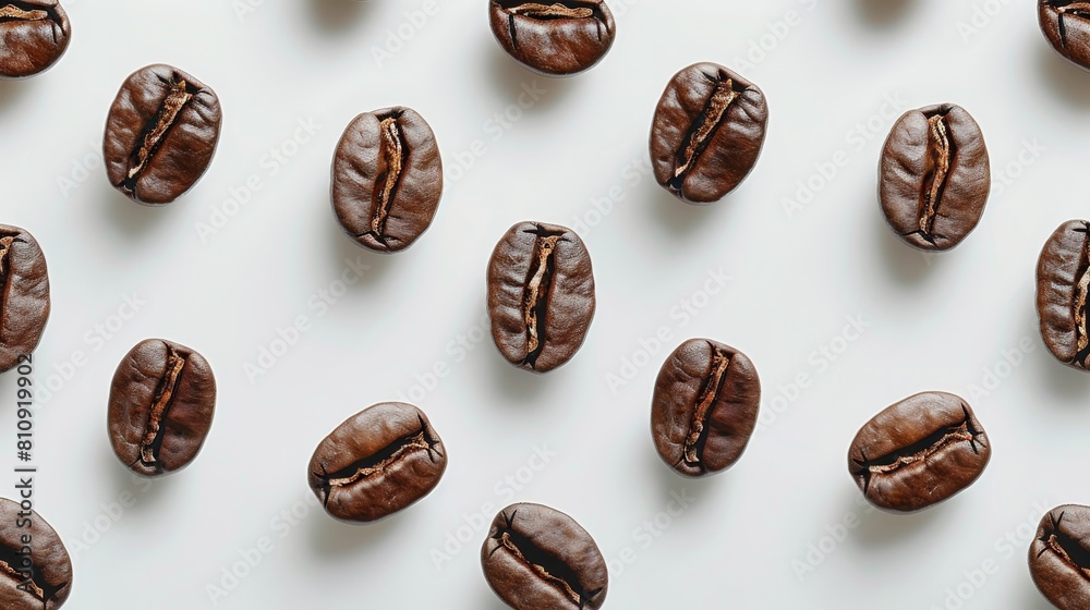 Artistic shot of roasted coffee beans in an appealing pattern, studio-lit from above on a clean white background for advertising