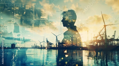 The image shows a person standing in front of a harbor with a city in the background. The person is looking out at the harbor. The image is a double exposure with the person and the harbor superimpose photo