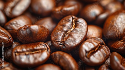 Artistic close-up of a handful of roasted coffee beans, with their rich aroma and glossy texture highlighted in studio lighting