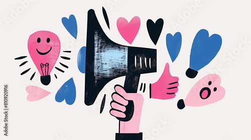Hand gripping a megaphone, from which burst various positive icons like thumbs up and hearts, symbolizing the concept of constructive feedback in a vibrant, stylized manner.
