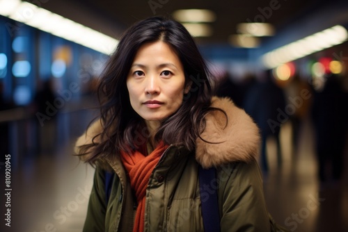 Portrait of a glad asian woman in her 40s dressed in a warm wool sweater isolated in bustling airport terminal © CogniLens