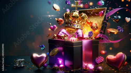 An opening gift box for a casino game with a bonus money coin, gold crown, diamond, lollipop trophy. A giveaway lottery present with bow for gui's online app. A mystery heart loot and candy asset for photo