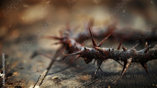 Artistic close-up of a crown of thorns containing metal nails on a wooden desk, isolated background for clarity, well-lit studio setting © Paul