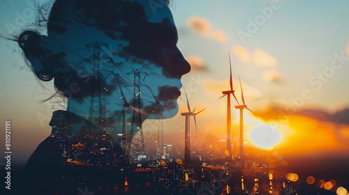 A woman's face is blended with an image of a windmill. photo