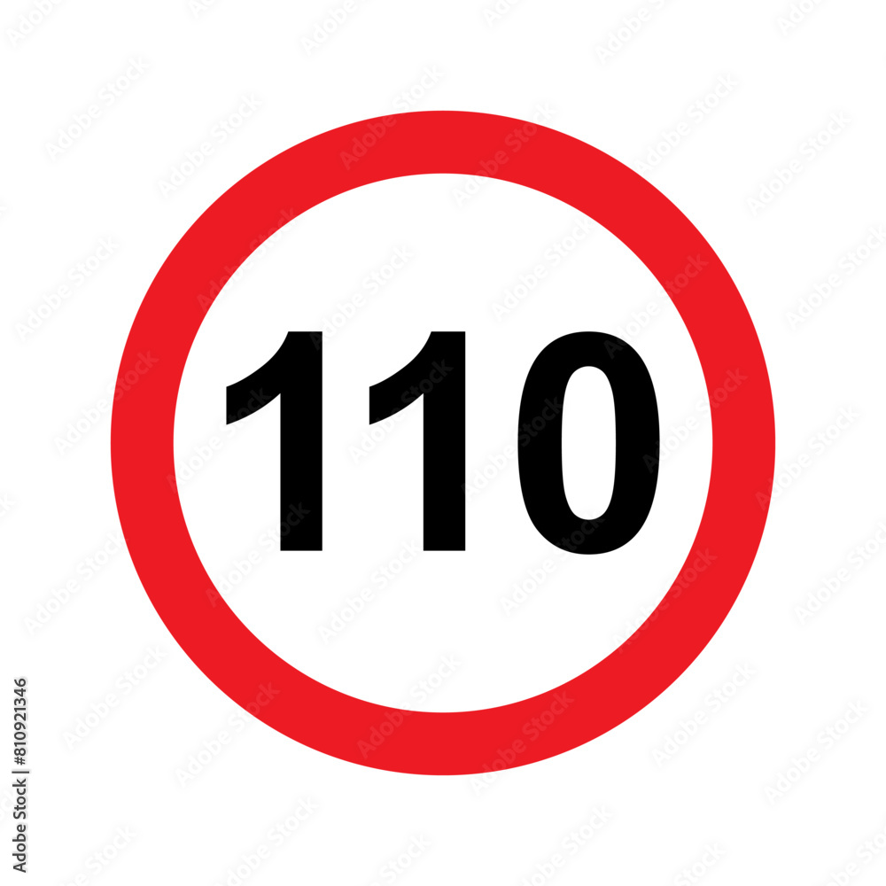 Speed limit sign vector illustration. 110 km icon. Abstract street traffic pictogram. Isolated road signal of circle shape, signboard with black number of maximum speed of cars on highway Speed limit sign vector illustration. 110 km icon. Abstract street traffic pictogram. Isolated road signal of circle shape, signboard with black number of maximum speed of cars on highway