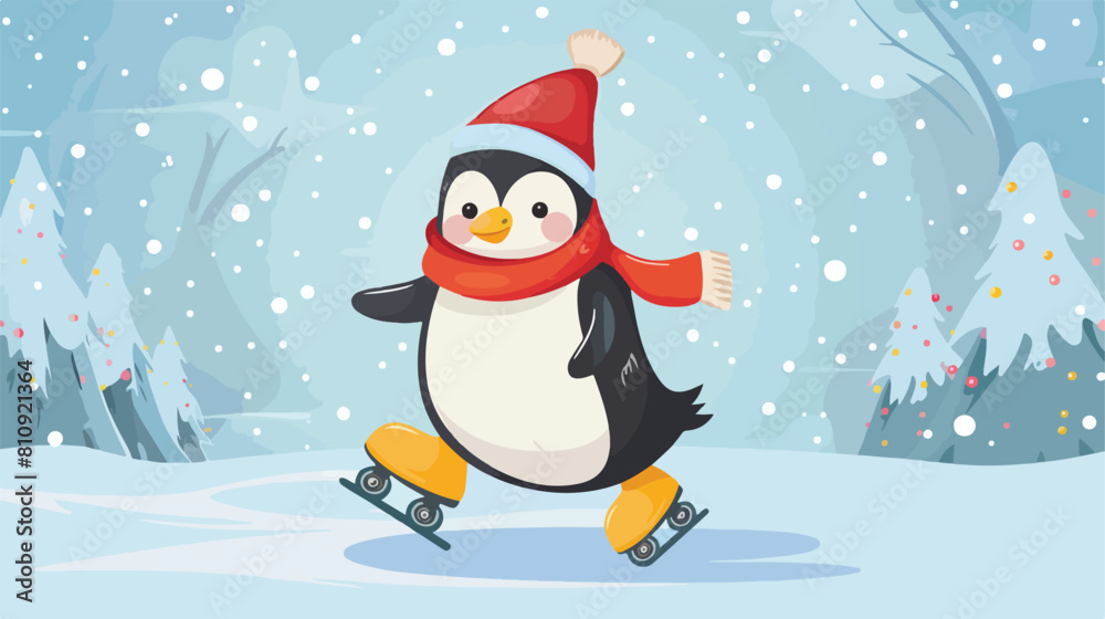 happy Penguin ice skates cartoon background Vector illustration