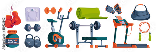Gym equipment for workout set. Training accessories for sport club or home exercises. Treadmill, bike, dumbbells, bench with barbell, jump rope, mat, bag, scale, gloves. Isolated vector illustration