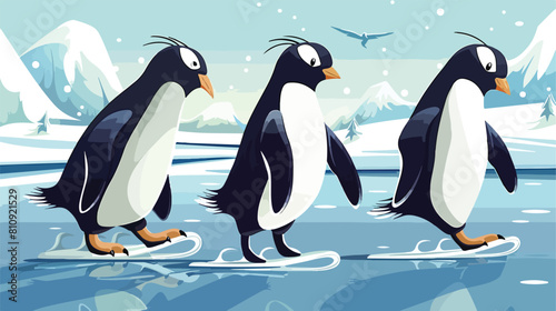 Happy Penguins ice skates on the lake Vector illustration