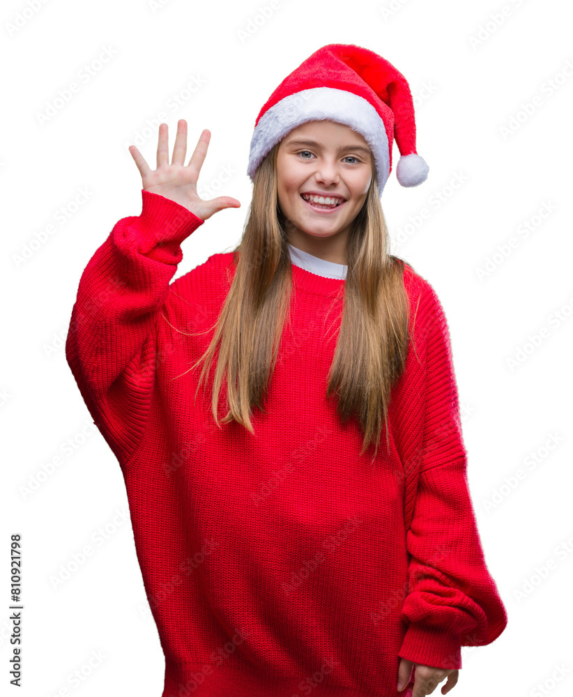 Young beautiful girl wearing christmas hat over isolated background showing and pointing up with fingers number five while smiling confident and happy. Young beautiful girl wearing christmas hat over isolated background showing and pointing up with fingers number five while smiling confident and happy.