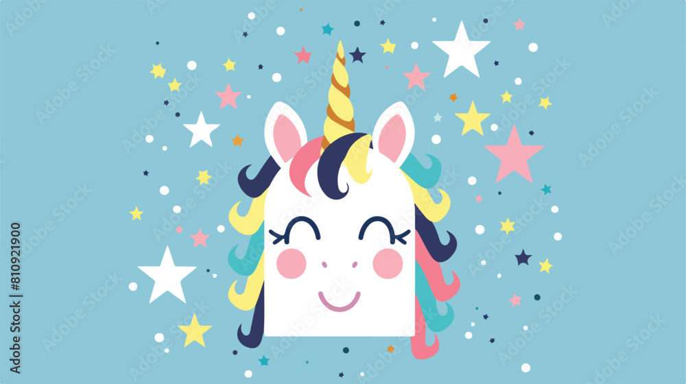 Happy unicorn face head flat Vector illustration. Vector