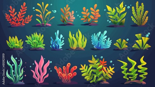 Underwater ocean plants and aquarium plants with colorful leaves. Wildlife natural seabed flora - marine algae and oceania corals. photo