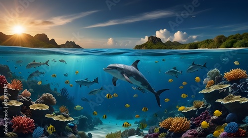 Background of Islands and underwater coral reef with T