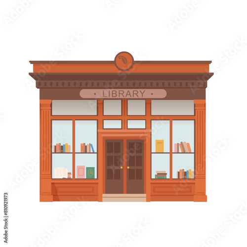 Library building cartoon vector illustration. Modern bookstore facade. Front view of entrance in school or college book house. Bookshelf with books in window. Public urban infrastructure infographics