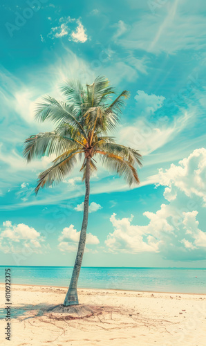Palm tree on tropical beach with blue sky and white clouds abstract background Copy space of summer vacation and business travel concept Vintage tone filter effect color style