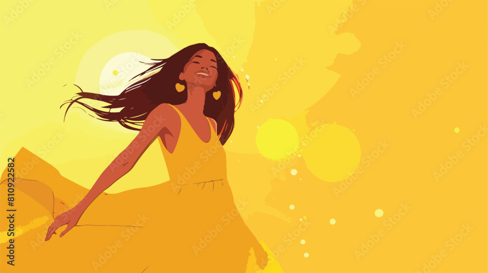 Happy young girl in yellow dress Vector illustration.