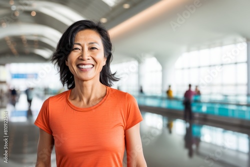 Portrait of a satisfied asian woman in her 50s wearing a moisture-wicking running shirt while standing against bustling airport terminal background photo