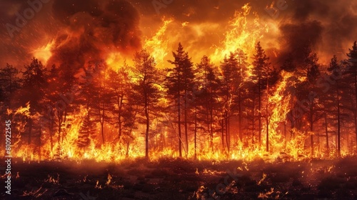 Forest fire flames spreading rapidly with trees catching alight  illustrating global warming and climate change  extreme weather
