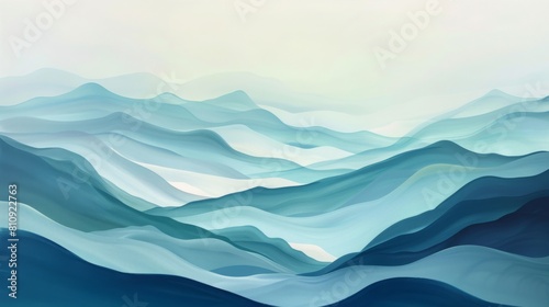 Abstract Landscape Art: Light Blue and Green Mountains Silhouette with Atmospheric Sky © JINGWEN
