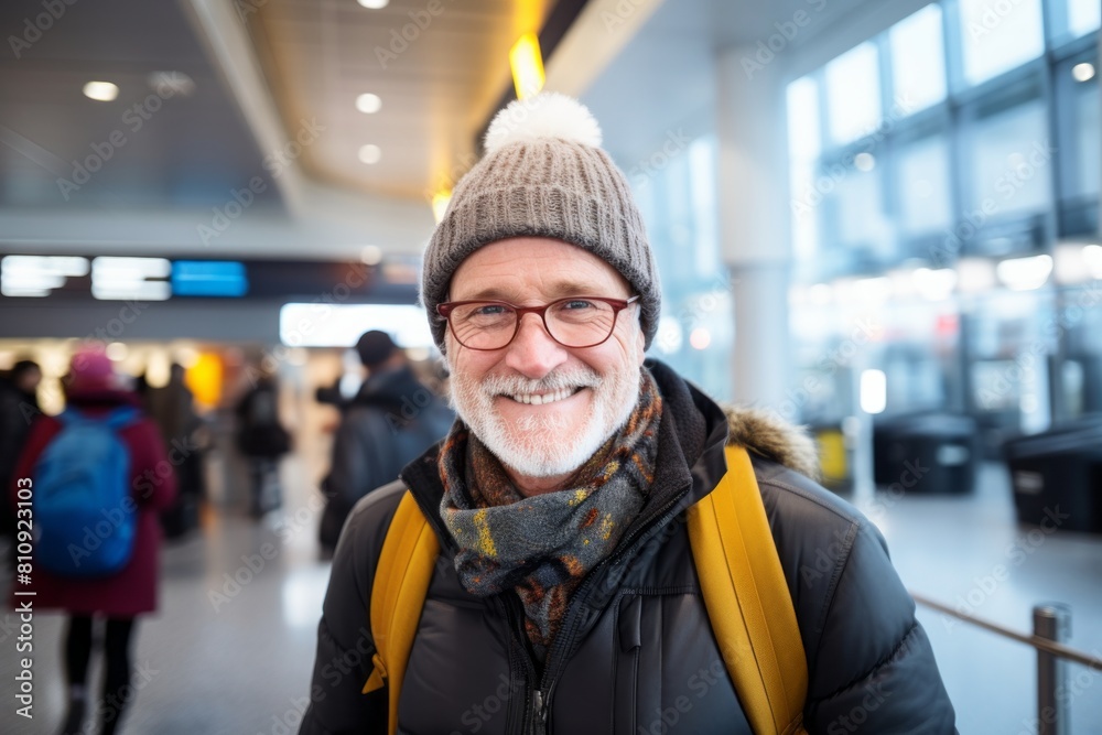 Portrait of a happy man in his 60s donning a warm wool beanie while standing against bustling airport terminal background Portrait of a happy man in his 60s donning a warm wool beanie while standing against bustling airport terminal background