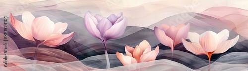 Tranquil abstract landscape with crocus flowers in soft pink, lavender, ivory, and ash gray. Utilizes negative space and rule of thirds.